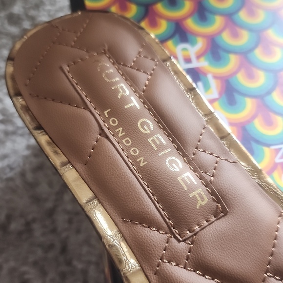 Kurt Geiger Gold Croc-Texture Slide Mules with Embellished Medallion.  New - Picture 12 of 15